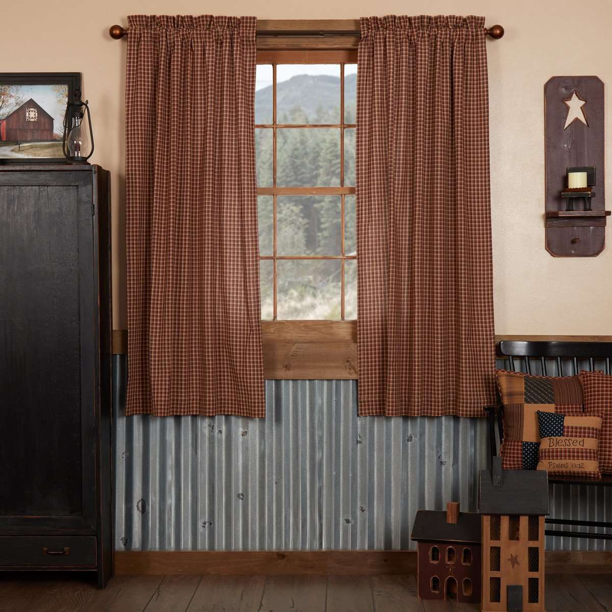 Patriotic Patch Plaid Short Panel Curtain Set of 2 63