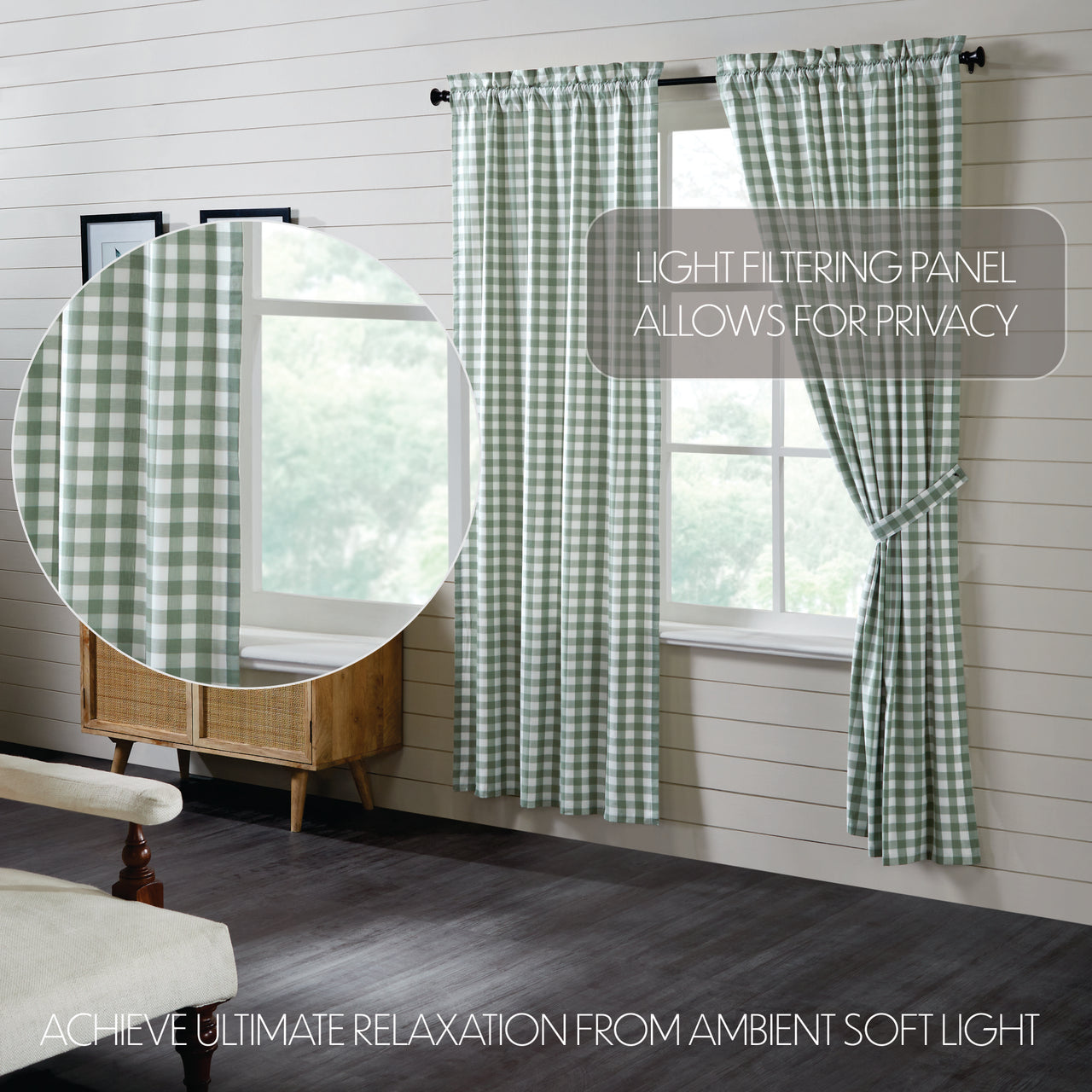 Annie Buffalo Green Check Short Panel Curtain Set of 2 84"x40" VHC Brands - The Fox Decor