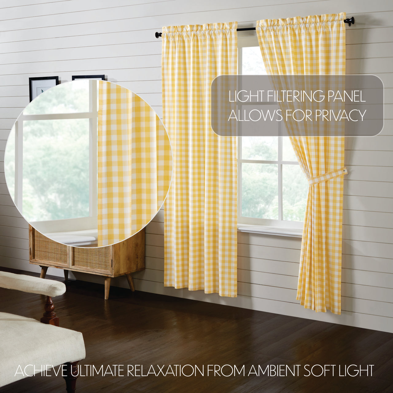 Annie Buffalo Yellow Check Short Panel Curtain Set of 2 84"x40" VHC Brands - The Fox Decor