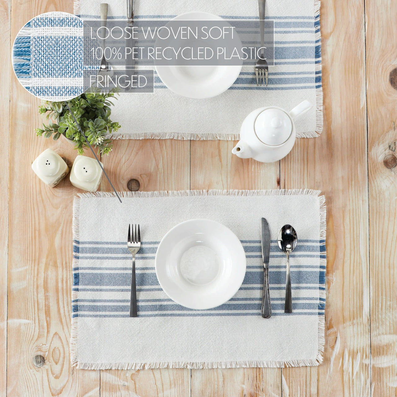 Antique White Stripe Blue Indoor/Outdoor Placemat Set of 6 13x19 VHC Brands - The Fox Decor