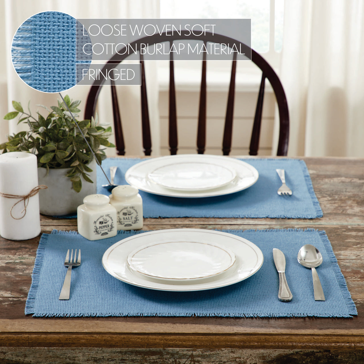 Burlap Blue Placemat Set of 6 Fringed 13"x19" VHC Brands - The Fox Decor
