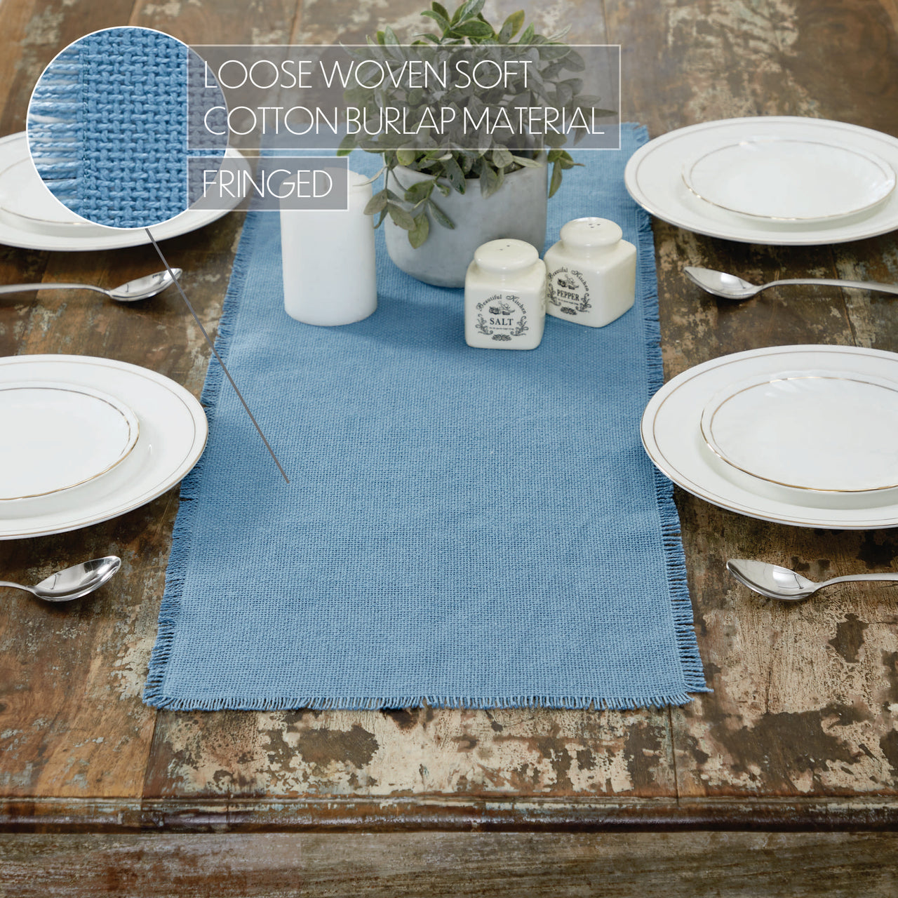 Burlap Blue Table Runner Fringed 12"x48" VHC Brands - The Fox Decor