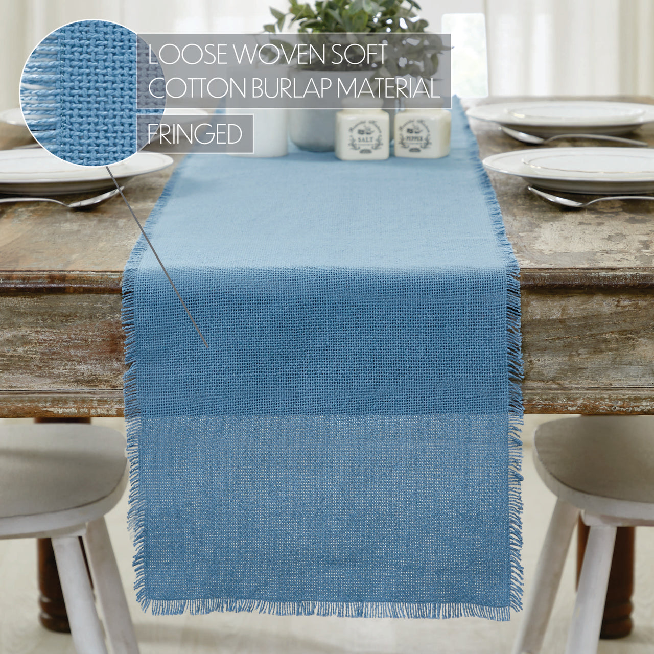 Burlap Blue Table Runner Fringed 12"x72" VHC Brands - The Fox Decor