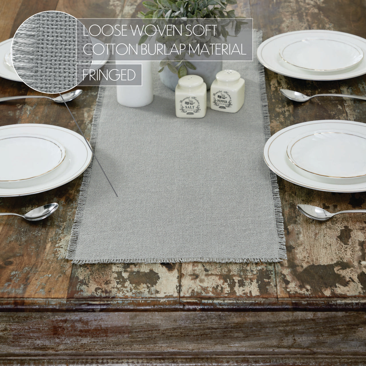 Burlap Dove Grey Table Runner Fringed 12"x36" VHC Brands - The Fox Decor