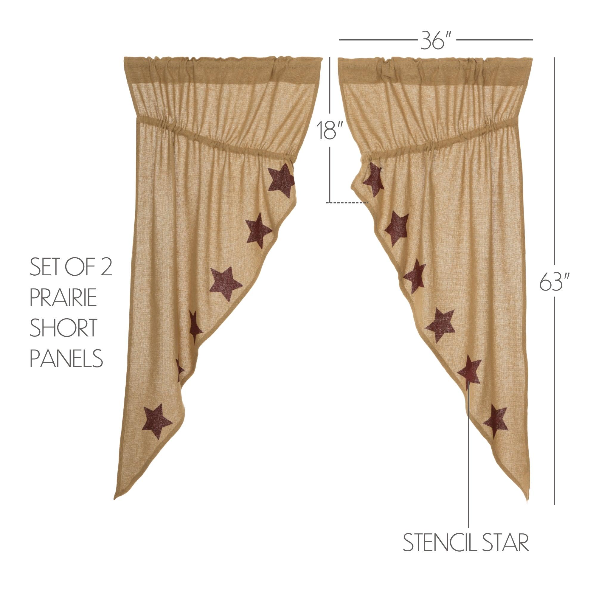 Burlap w/Burgundy Stencil Stars Prairie Short Panel Curtain Set 63x36x18 - The Fox Decor