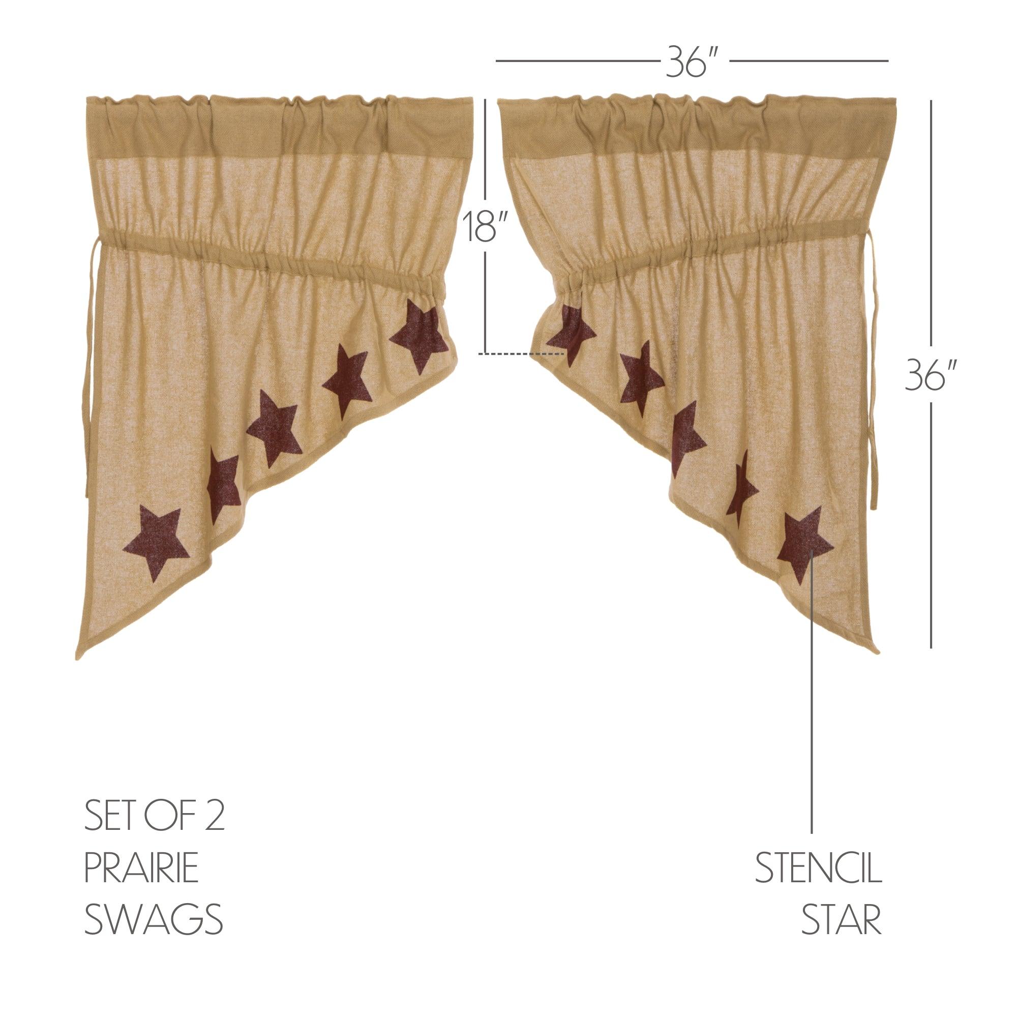 Burlap w/Burgundy Stencil Stars Prairie Swag Curtain Set of 2 36x36x18 VHC Brands - The Fox Decor