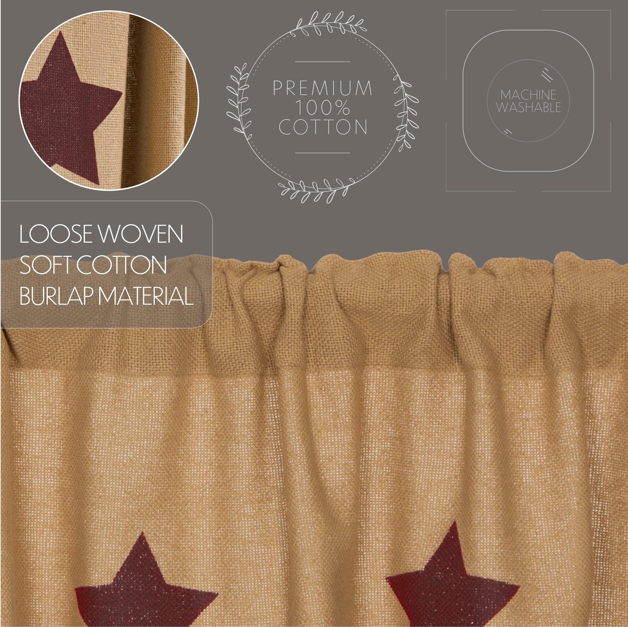 Burlap w/Burgundy Stencil Stars Prairie Swag Curtain Set of 2 36x36x18 VHC Brands - The Fox Decor