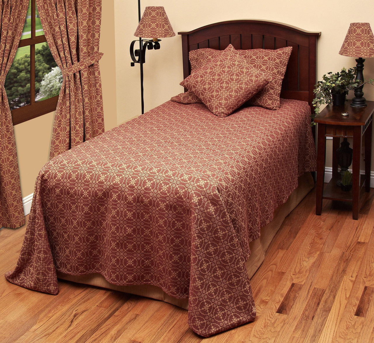 Barn Red Tan Marshfield Jacquard Bed Cover Queen CQ106017 - The Fox Decor