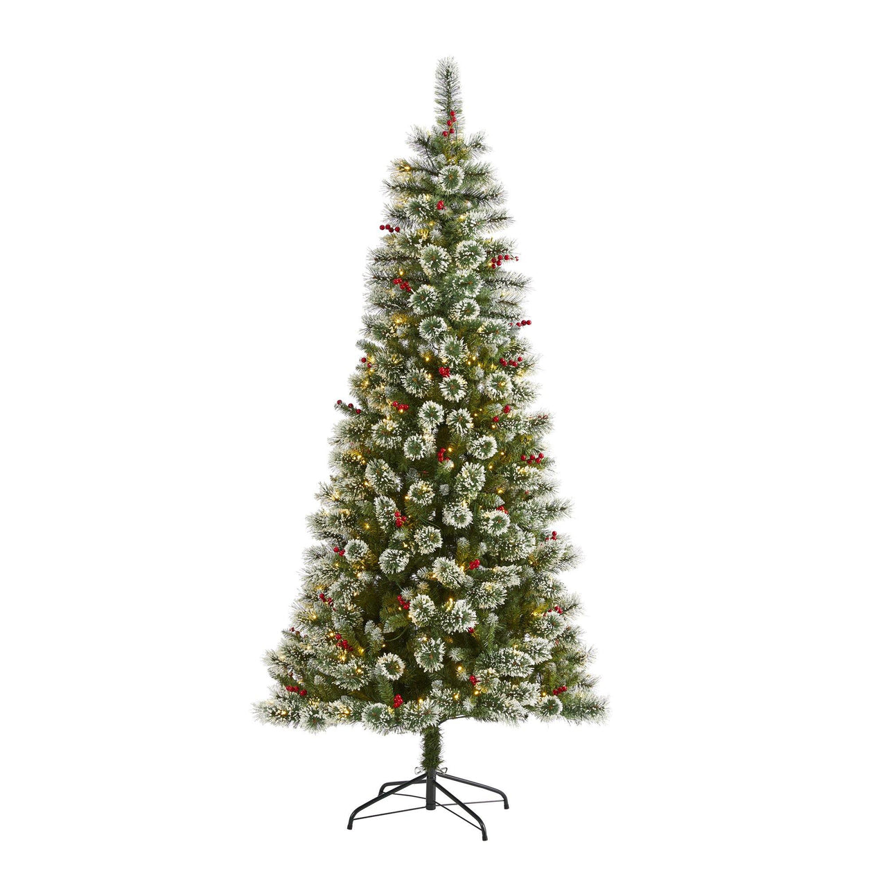 7’ Frosted Swiss Pine Artificial Christmas Tree with 400 Clear LED Lights and Berries - The Fox Decor