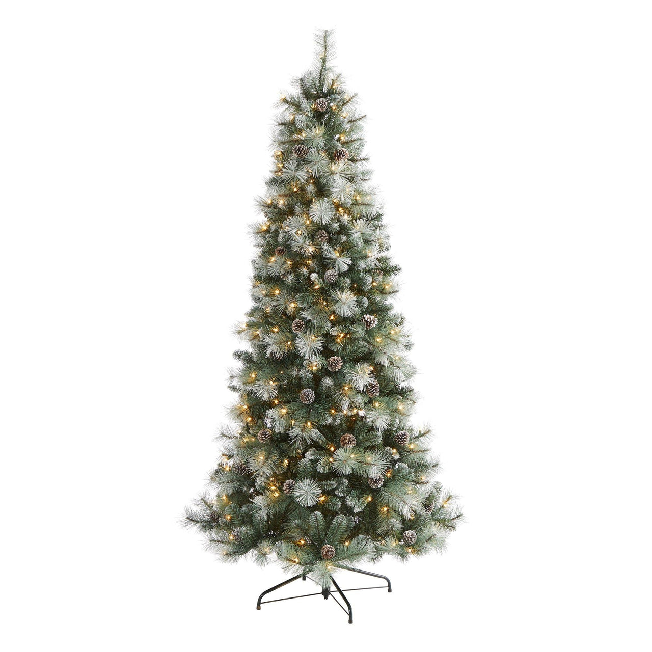 7’ Frosted Tip British Columbia Mountain Pine Artificial Christmas Tree with 400 Clear Lights, Pine Cones and 882 Bendable Branches