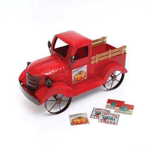 '+Antiqued Red Farm Truck With Seasonal Magnet Signs - The Fox Decor