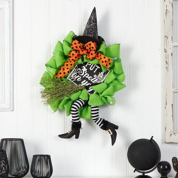 26" Halloween Witch Broom and Hat Mesh Wreath - The Fox Decor