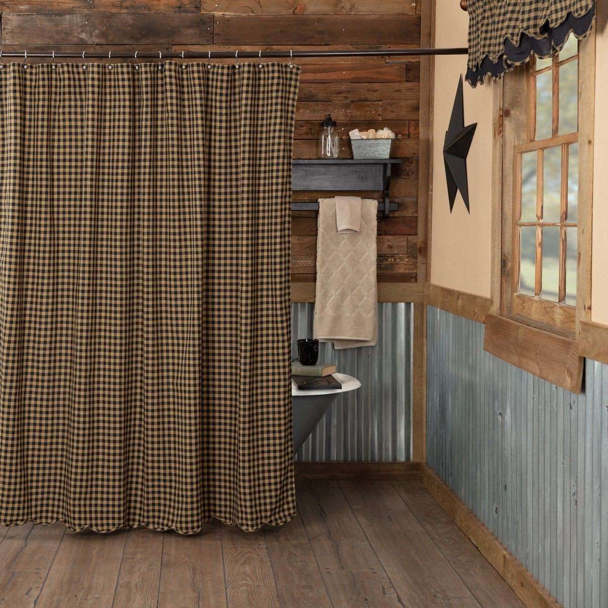 Black Check Scalloped Shower Curtain 72