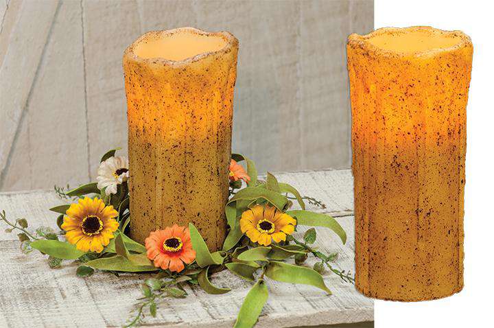 CWI Gifts 3 X 2.5 Inch Burnt Ivory Dripped Pillar Candle With Timer - Battery Operated, Rustic Decor
