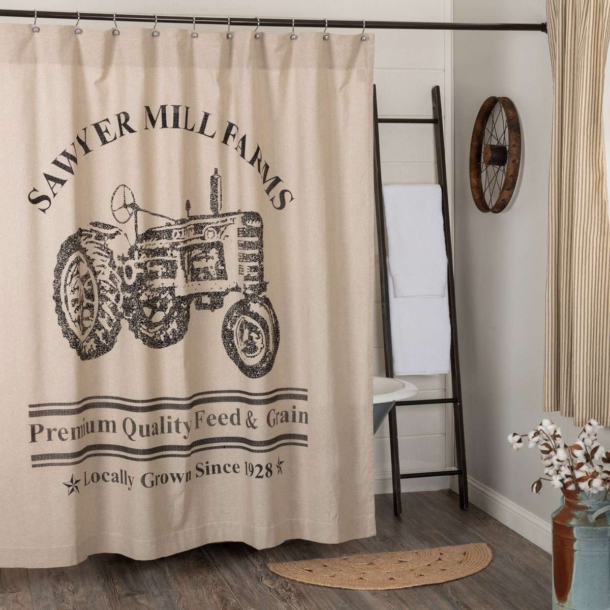 Sawyer Mill Charcoal/Red Tractor Shower Curtain 72
